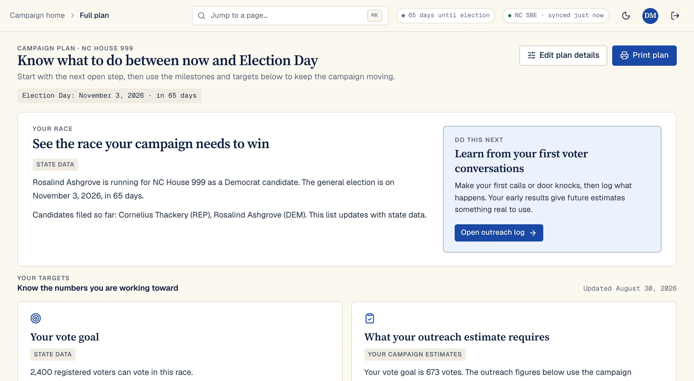 Campaign plan for a fictional North Carolina House campaign showing a hybrid strategy, a turnout-based vote-goal estimate, and setup milestones.